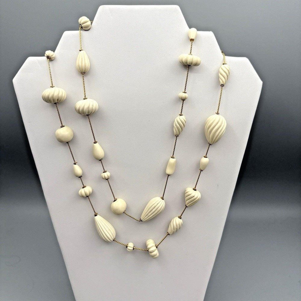 Vintage Anne Klein Couture Necklace Fluted Beads Cream Gold Tone Signed RARE